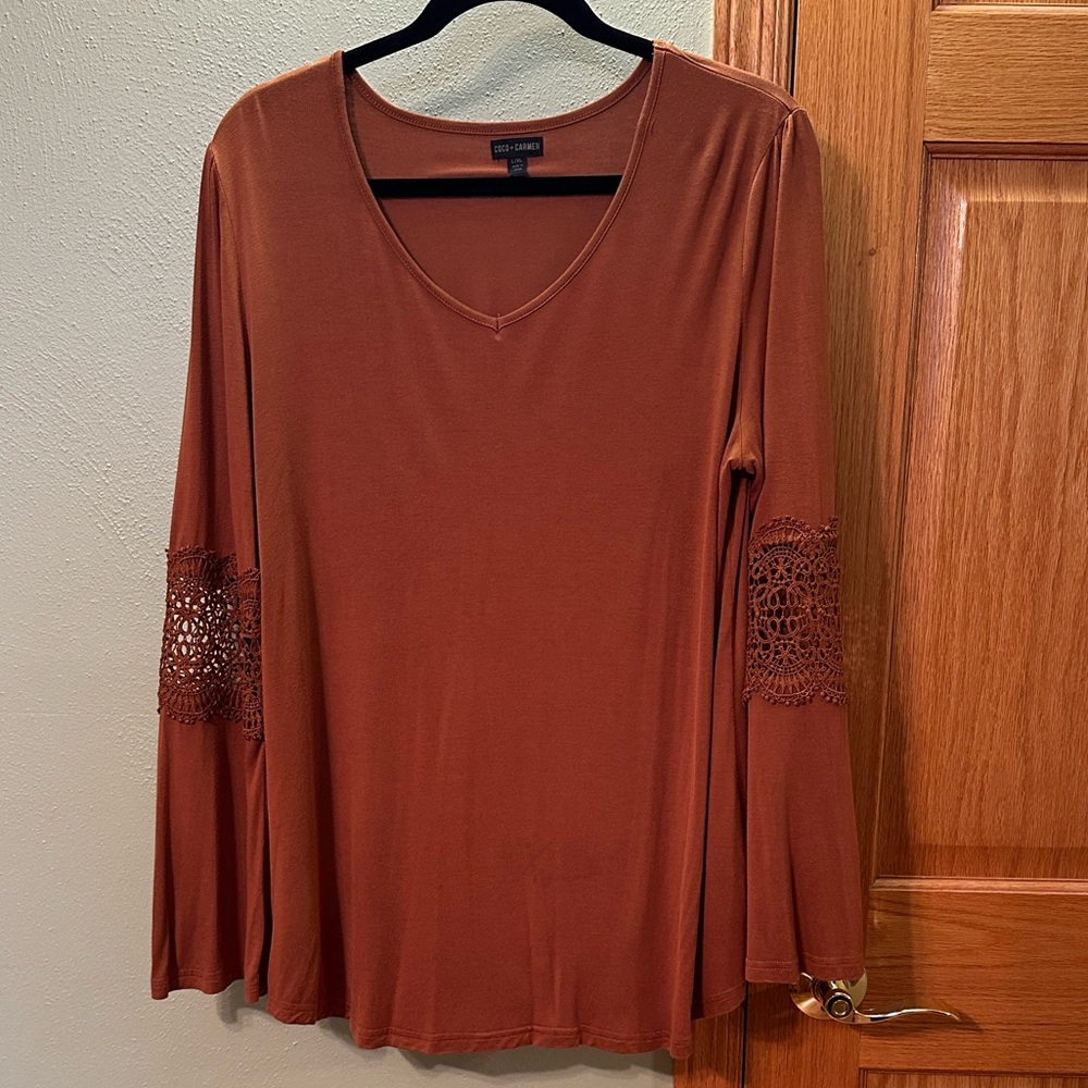 Coco + Carmen Rust Long Sleeve Top with Crochet Detail and Baby Bell Sleeves